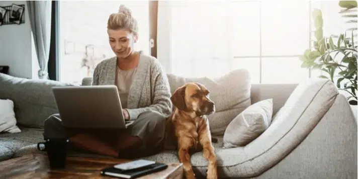 Woman sitting on couch with laptop, dog by her side