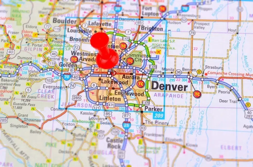 Map of Denver, Colorado with a pin marking a specific location