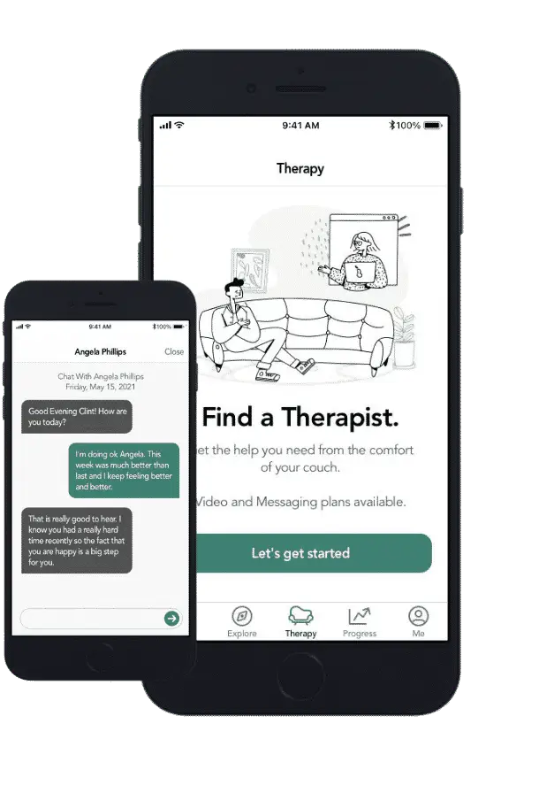A mobile phone displaying messages, promoting an app designed to help people find a therapist